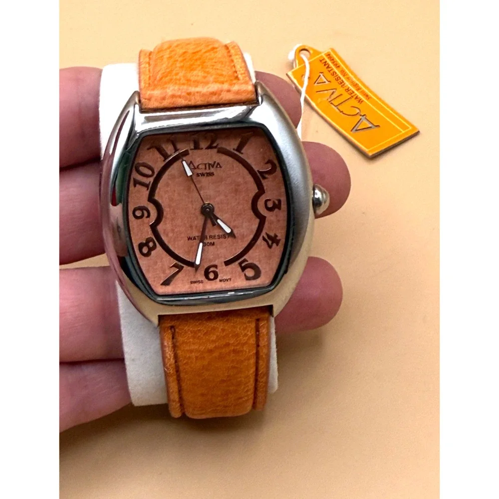 ⭐ NOS Activa Swiss Quartz Watch Brown Dial Leather Strap Water Resistant 32 mm